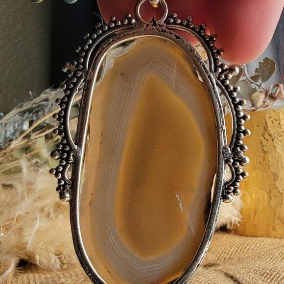 Radiant Golden Banded Agate Pendant, Sterling Silver Vintage-Inspired Necklace - Picture 8 of 10